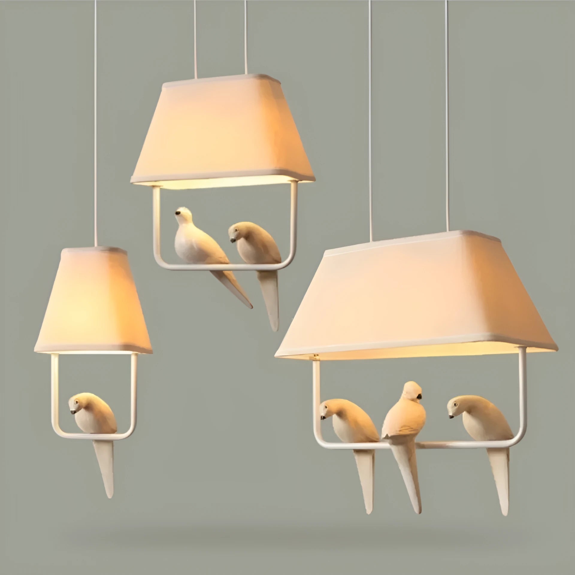 Iron bird chandelier ceiling lamp with fabric shade in a multi-bird design