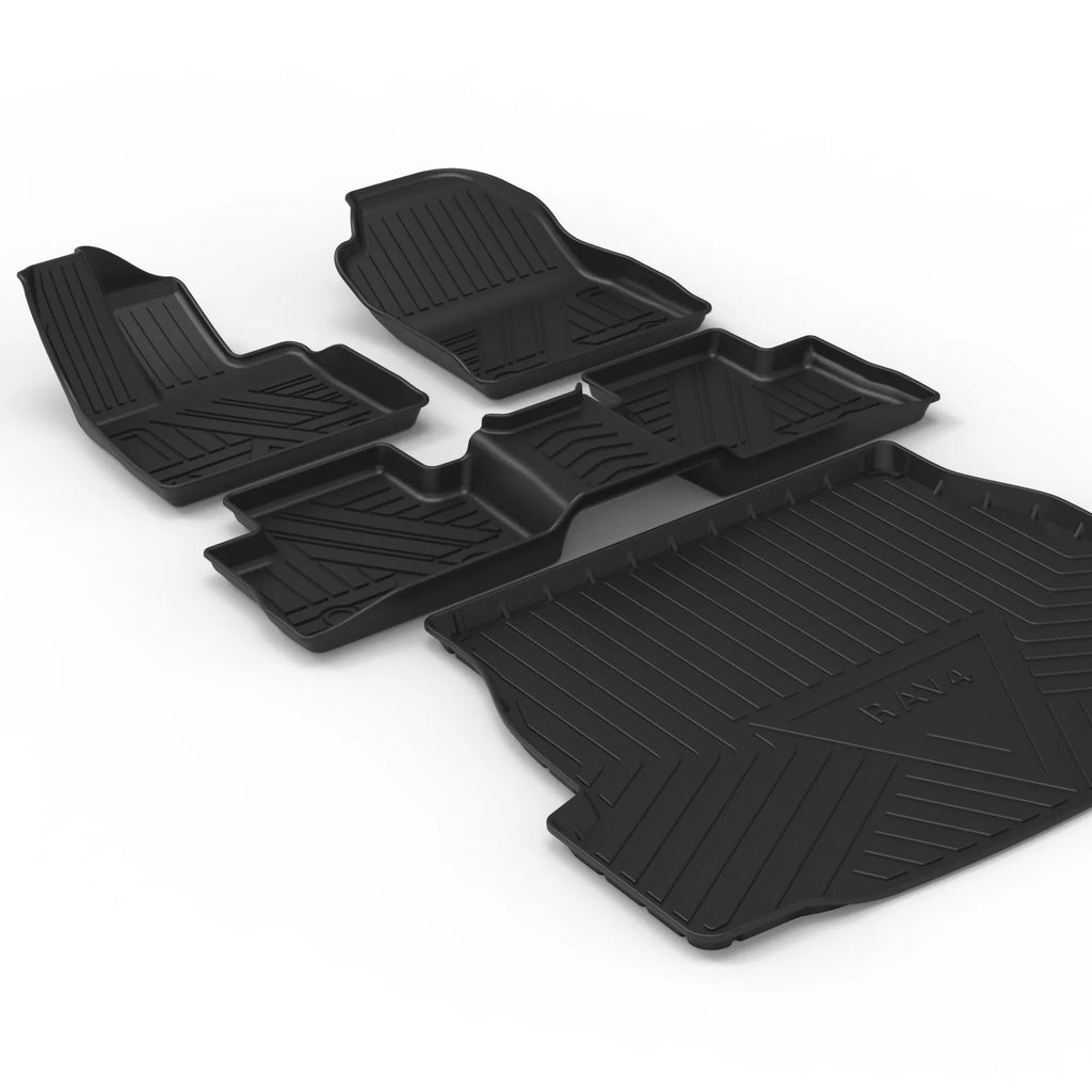 Black car boot liner with carbon fibre pattern texture, made from TPE material.