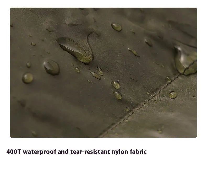Ultralight mummy-style sleeping bag in army green colour with white duck down filling and 400T nylon fabric.