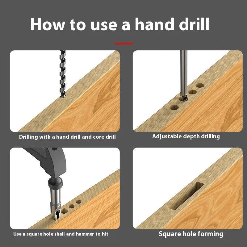 Square hole drill bit woodworking tool with 12.7mm carbon steel sleeve and core components