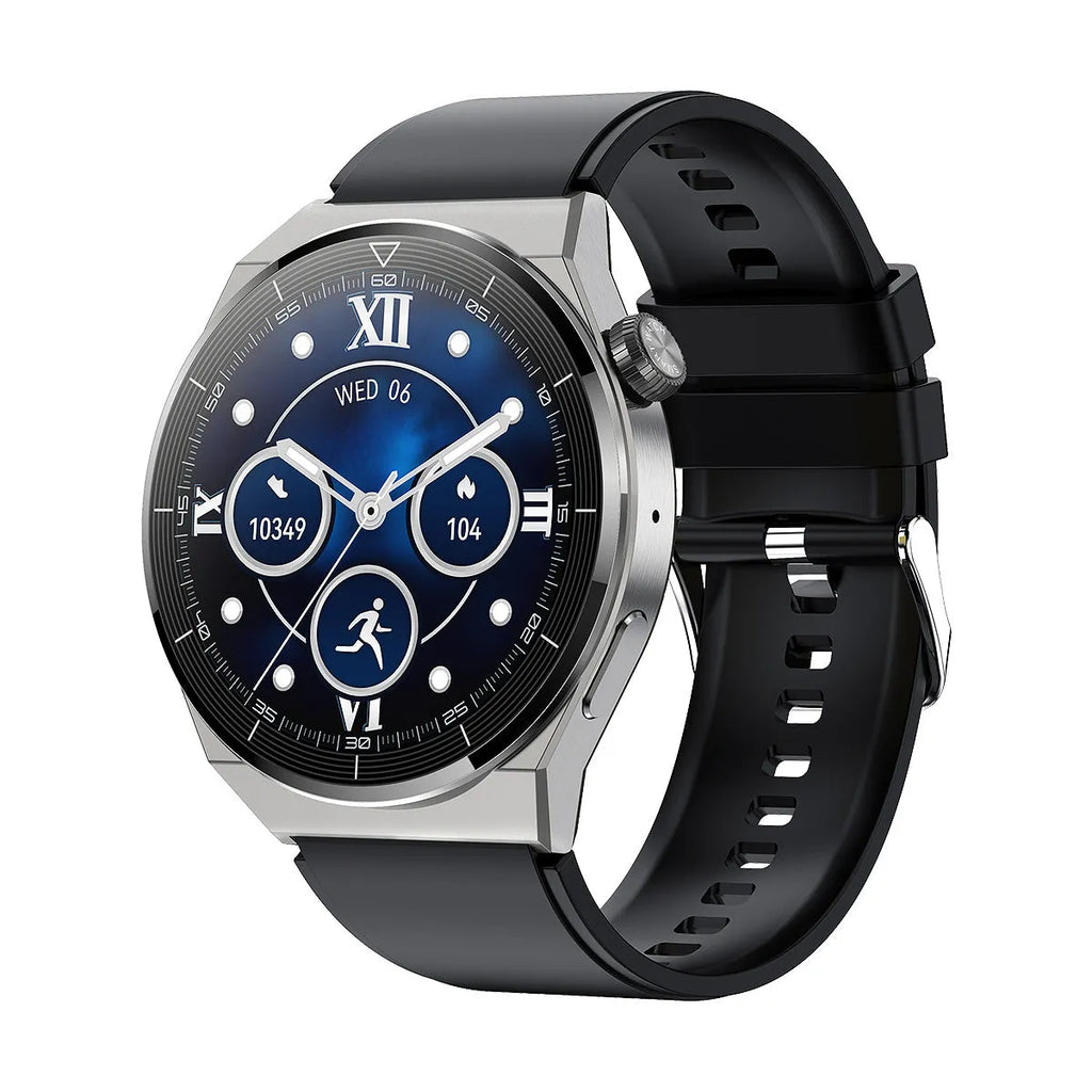 Black Bluetooth NFC smart watch with round 1.36-inch display and silicone band for Android devices