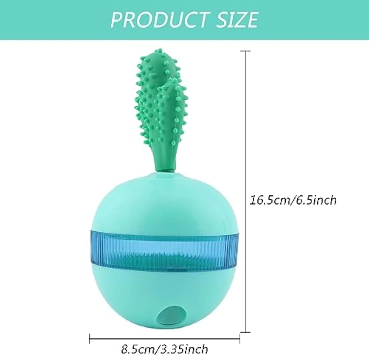 Blue and green durable rubber dog treat dispensing ball toy with small holes