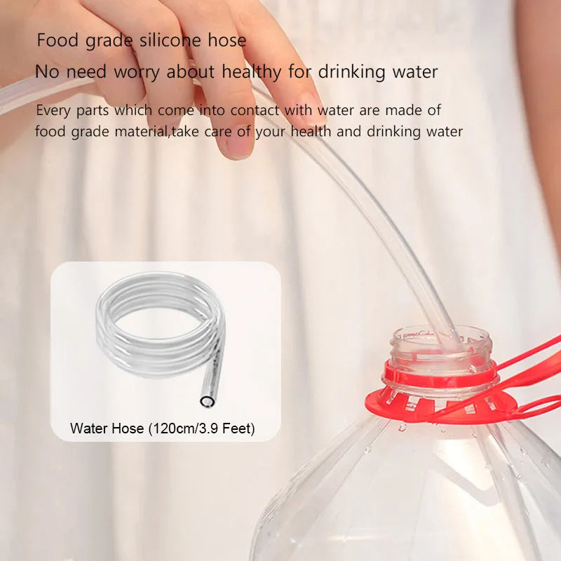White electric water dispenser pump with USB cable next to water gallon bottle