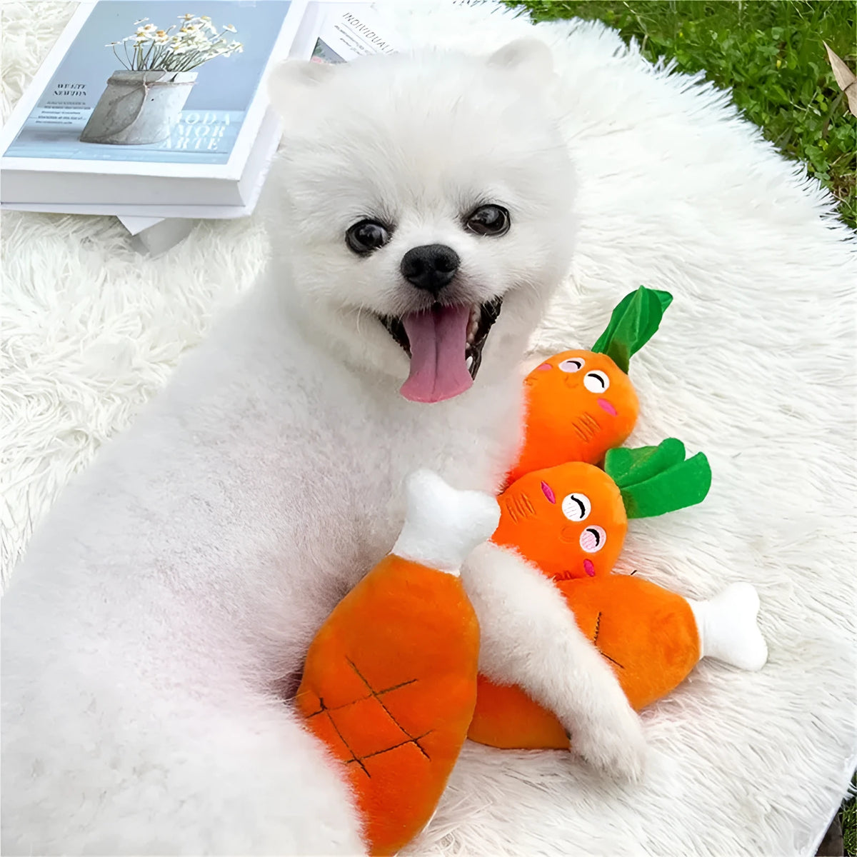 Plush chicken leg dog chew toy with soft fabric, PP cotton filling and built-in squeak sac for small dogs
