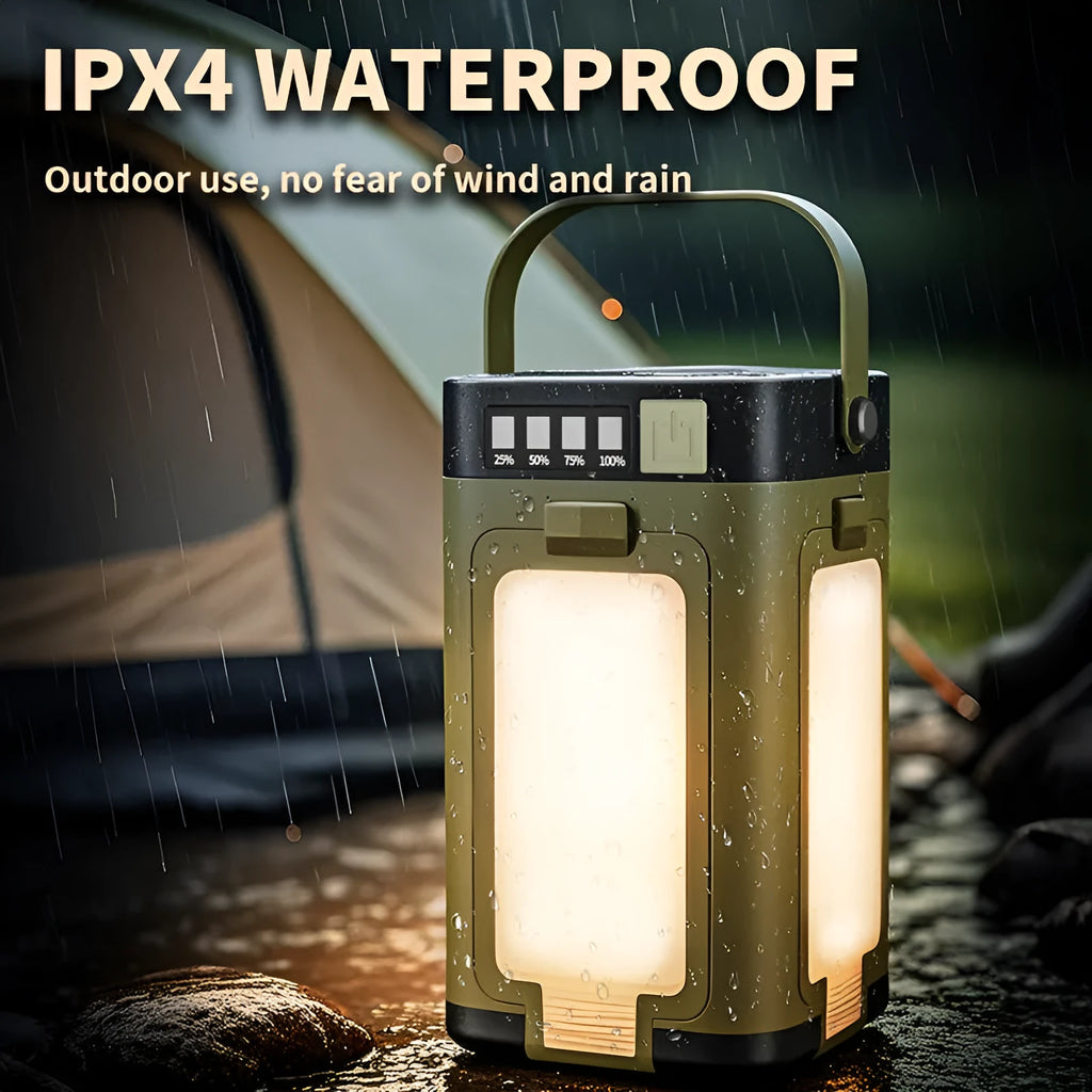 Solar camping light with four-leaf folding belt, press switch, 12 x 7 x 7 cm size and built-in 2000 mAh 18650 battery