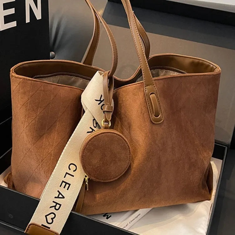 Women's large soft polyester shoulder tote with sandwich pocket in light khaki colour