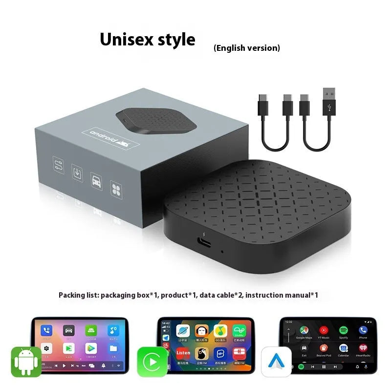 Black Android CarPlay wired to wireless converter adapter box with data cables