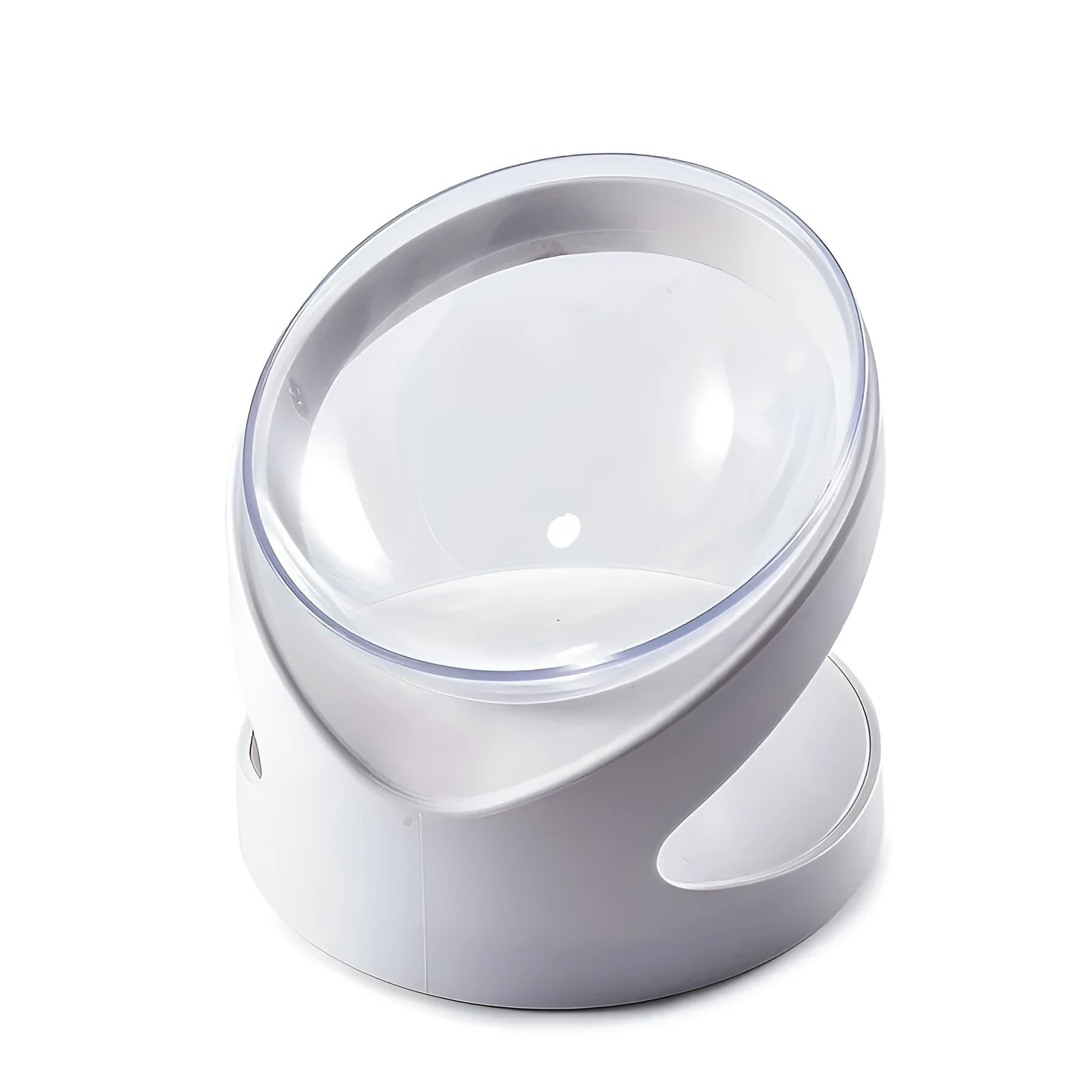 White elevated plastic cat food bowl with a tilted feeding surface for neck protection.