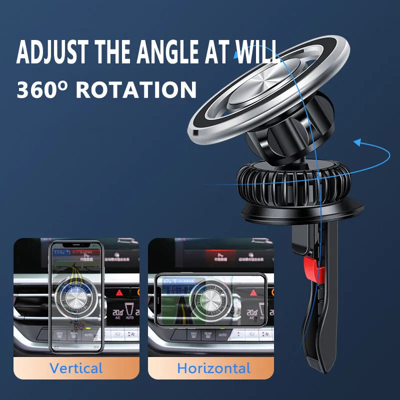 Car air vent magnetic phone holder with snap-on clip in black or silver colour