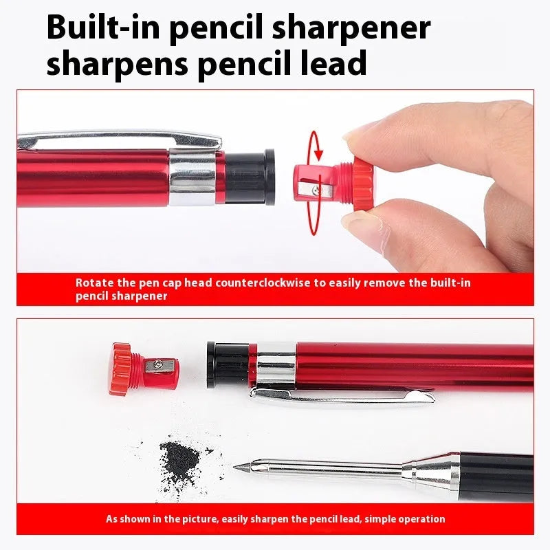 2.8mm metal long head deep hole carpenter's pencil with fine tip, black colour option, on a wooden surface