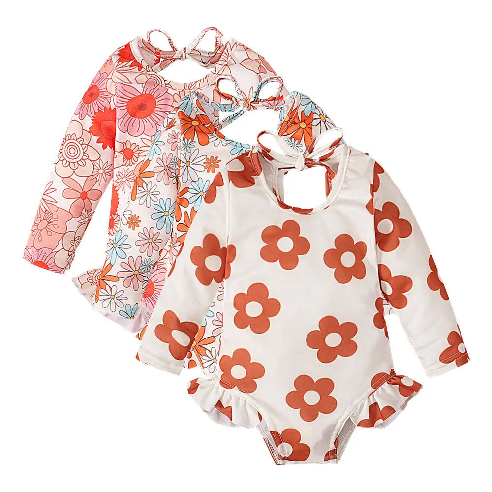 Girl's floral print open back swimsuit in orange red with crew neckline and Asian-fit sizing