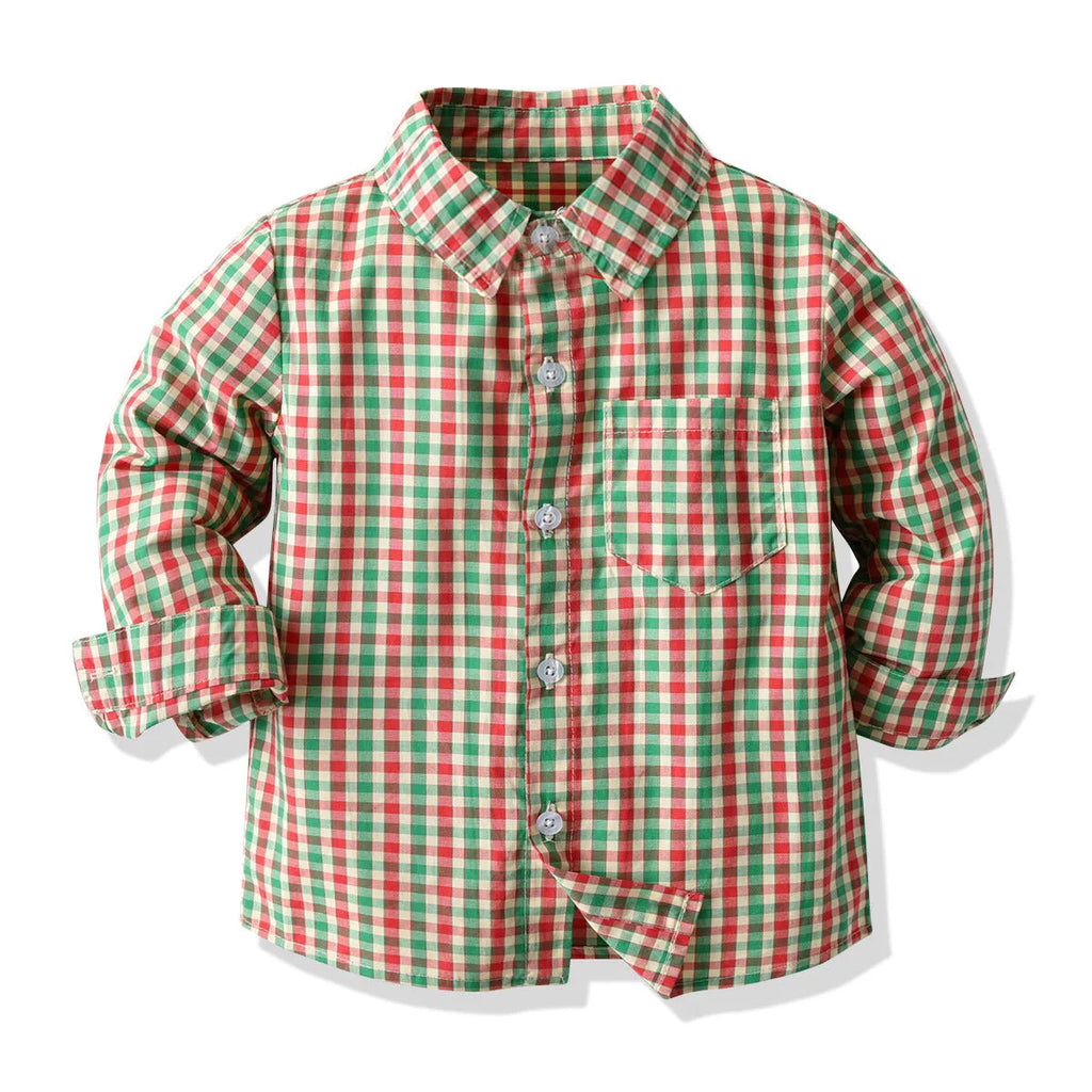 Boys green plaid long-sleeved shirt and overalls set on child model