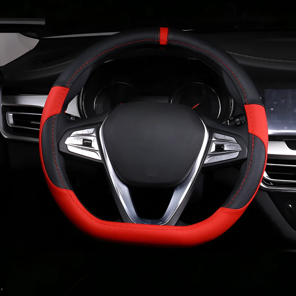 Leather steering wheel cover showing round and D-type styles in red, black, blue, and brown colours
