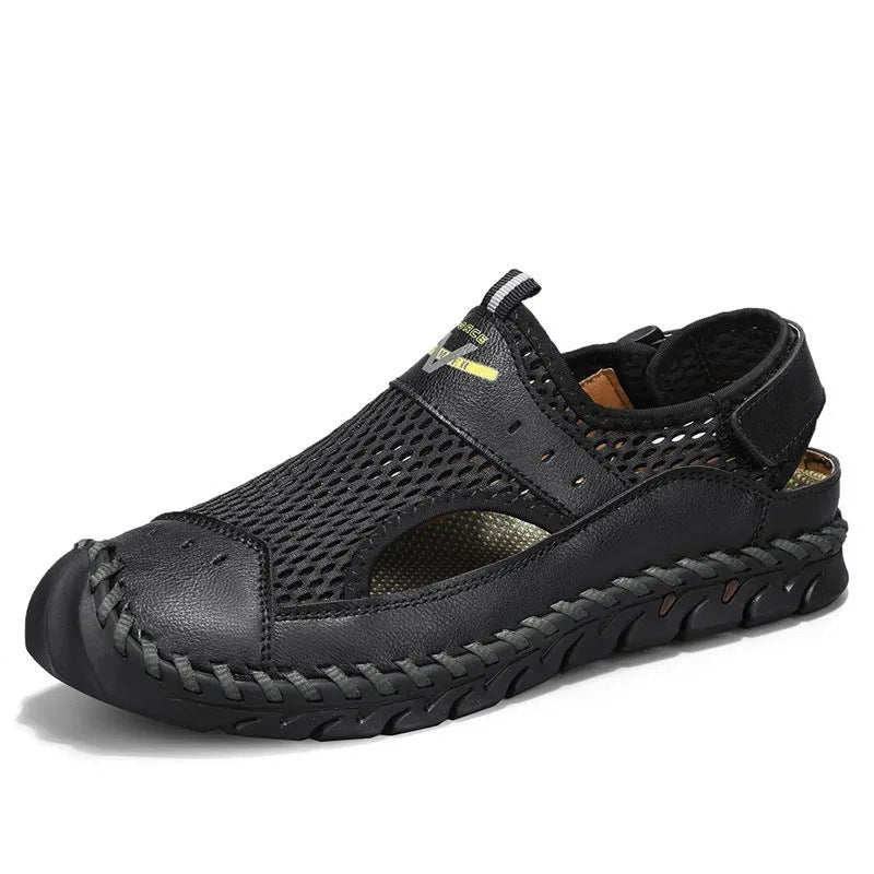 Men's brown leather casual sneakers with mesh panels and an elastic band across the instep.