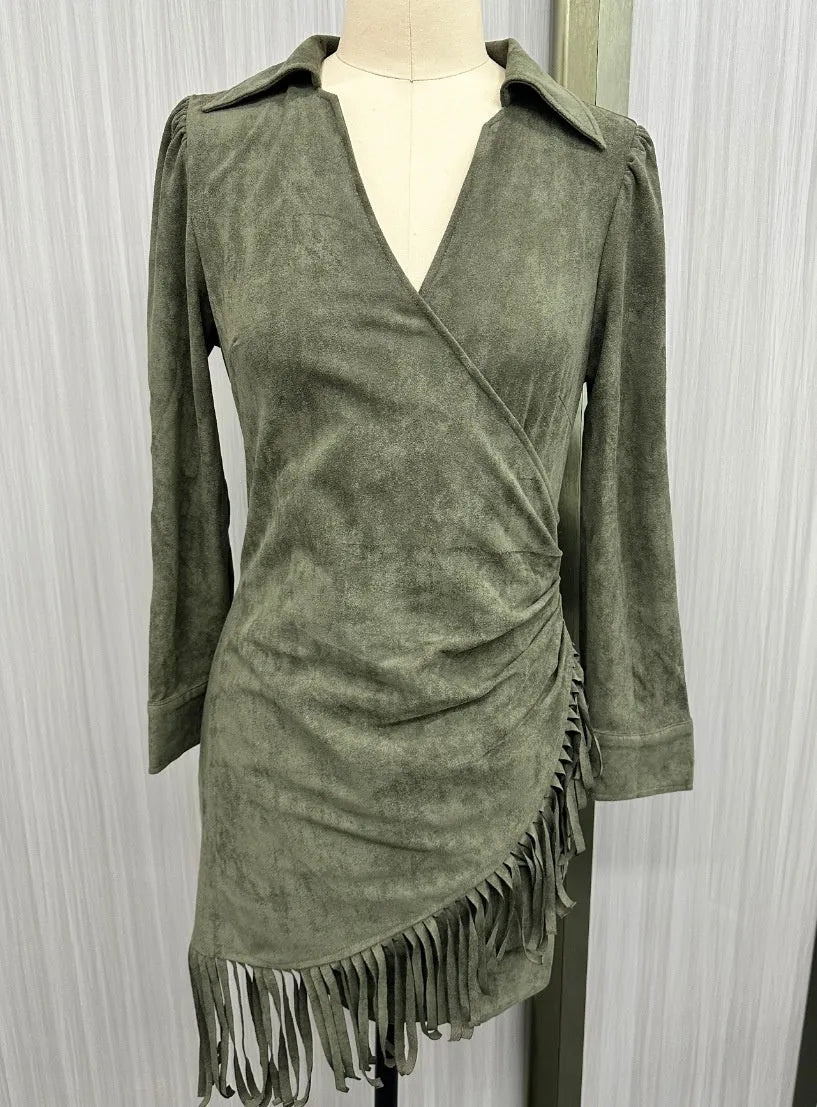 Western denim suede tassels slim-fit long sleeve dress in dark green with geometric pattern A-line skirt