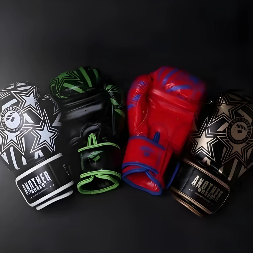 Children's boxing Sanda gloves in gold, red, white, green, and lake blue colours showing vertical style design.