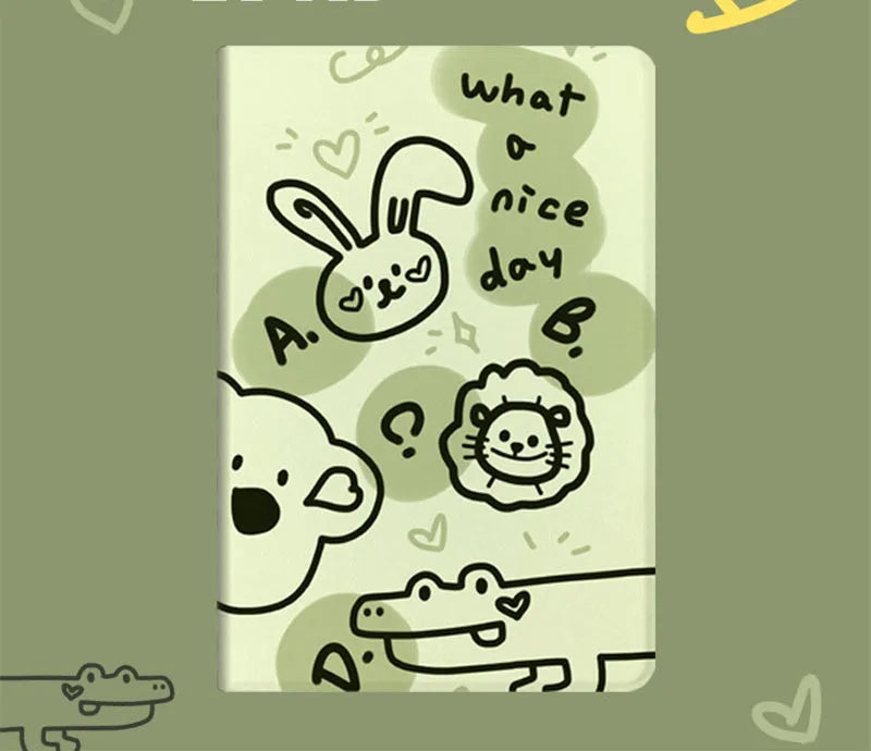 Cartoon flip iPad case in imitation leather and TPU, Matcha Zoo and Habit Bear designs
