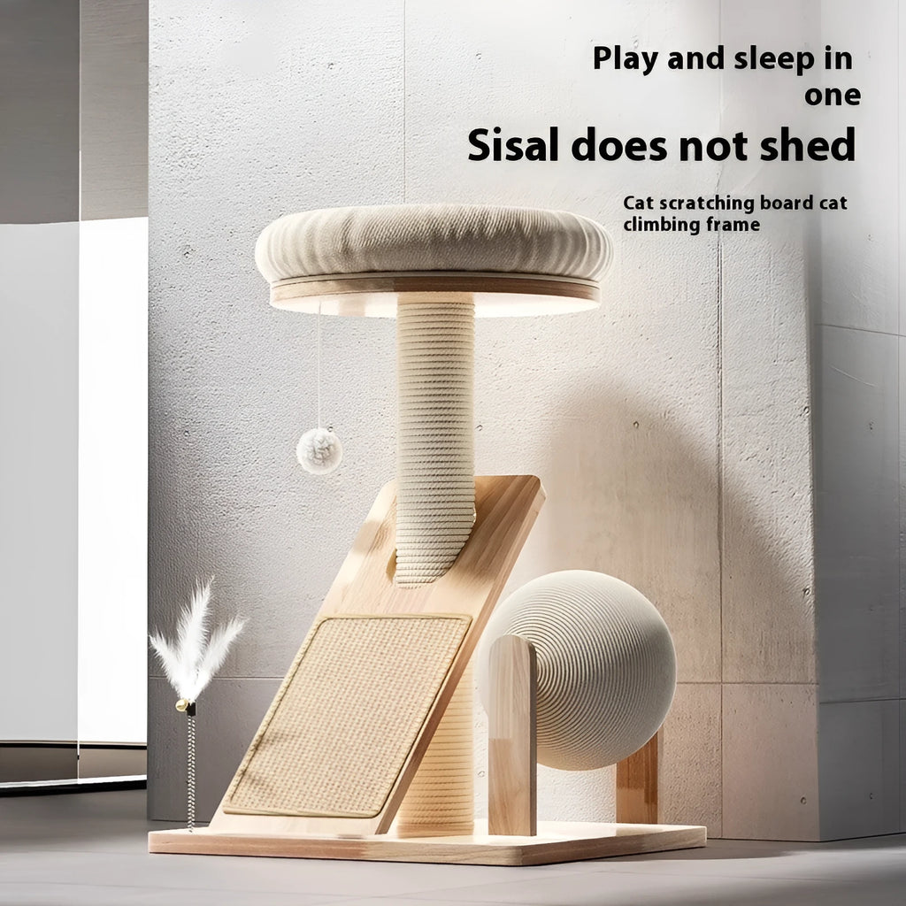 A natural jute-coloured cat climbing frame with sisal scratching posts and multiple platforms for small cats.