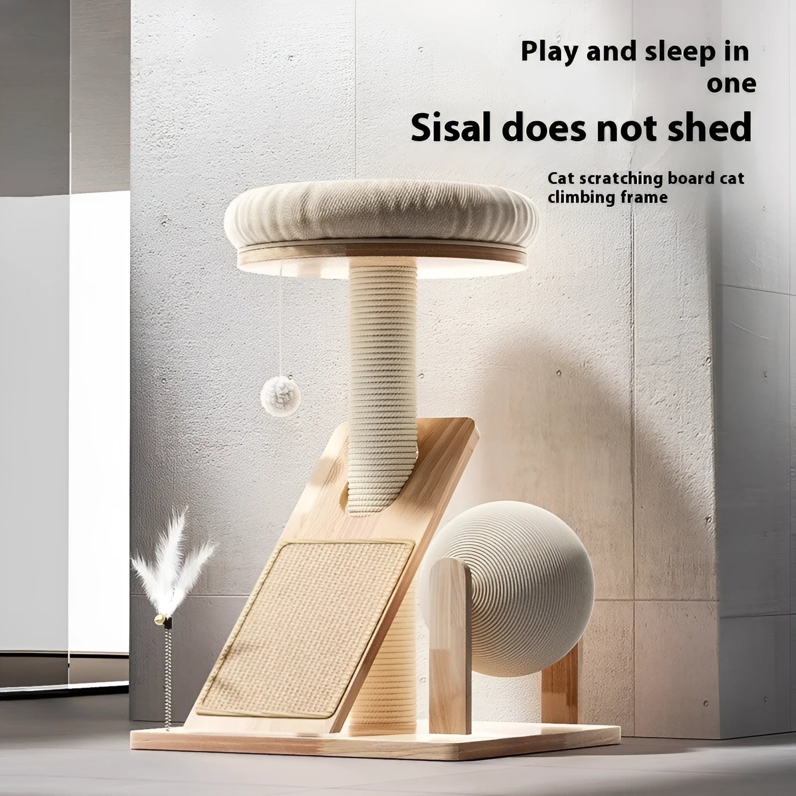 A natural jute-coloured cat climbing frame with sisal scratching posts and multiple platforms for small cats.