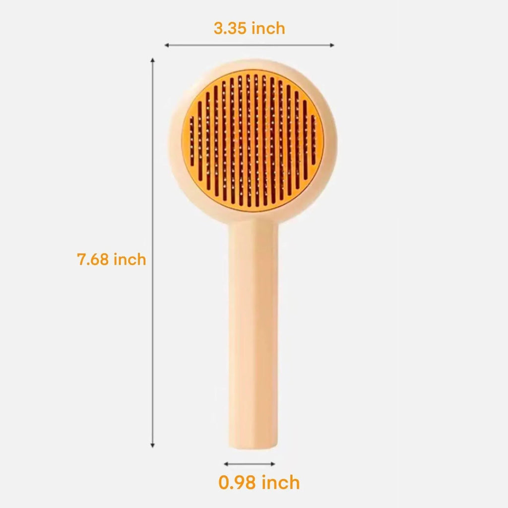 Blue and yellow pet grooming brush with self-cleaning button and angled metal needles