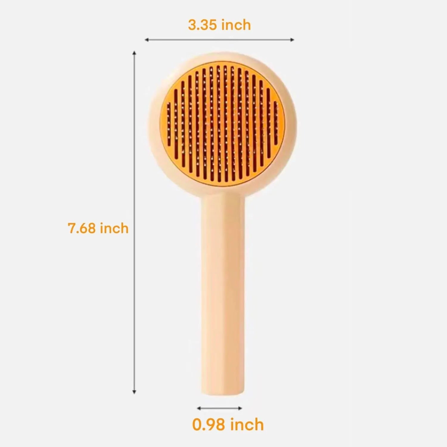 Blue and yellow pet grooming brush with self-cleaning button and angled metal needles