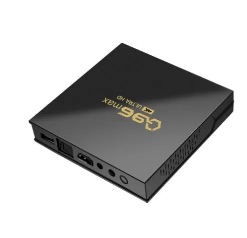 Q96 MAX Android TV box set-top box with remote control, HDMI cable, and power supply