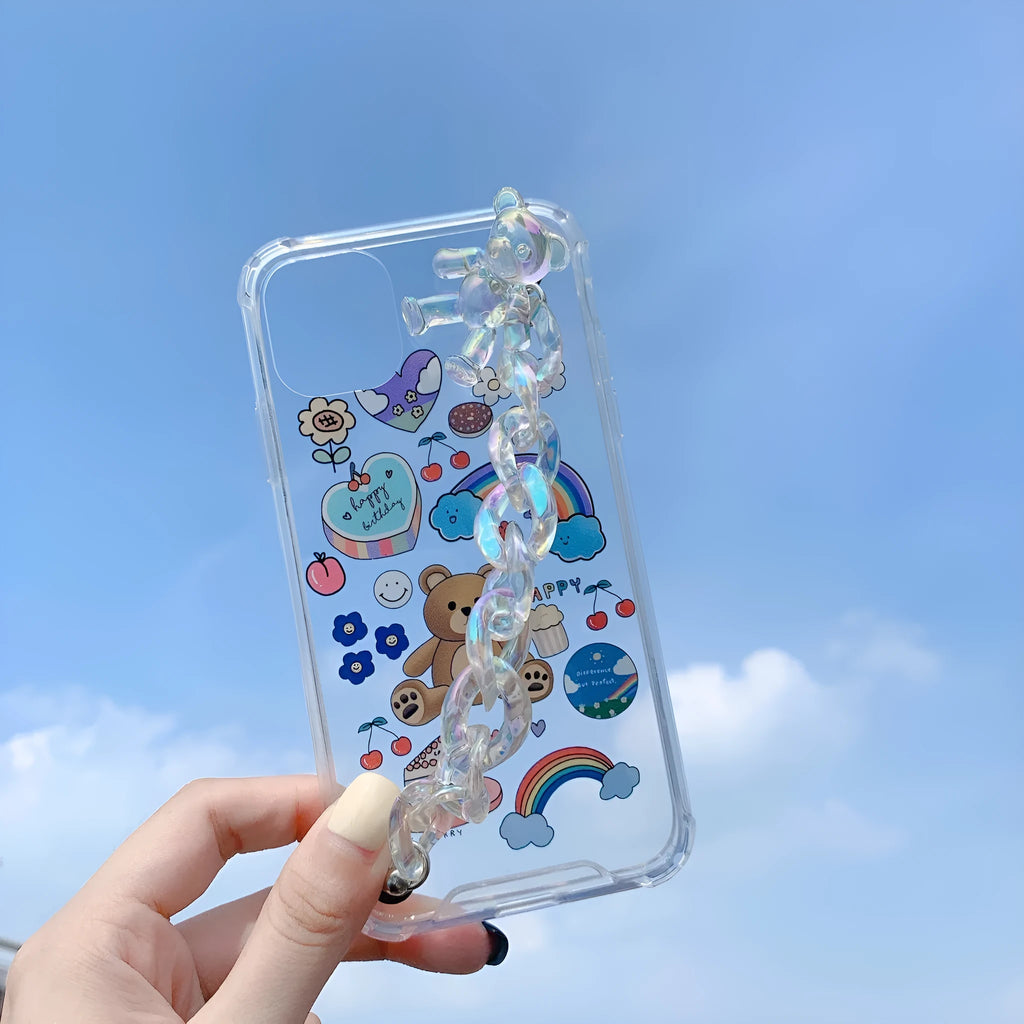 iPhone mobile phone case with a bear chain and pendant in a cartoon style.