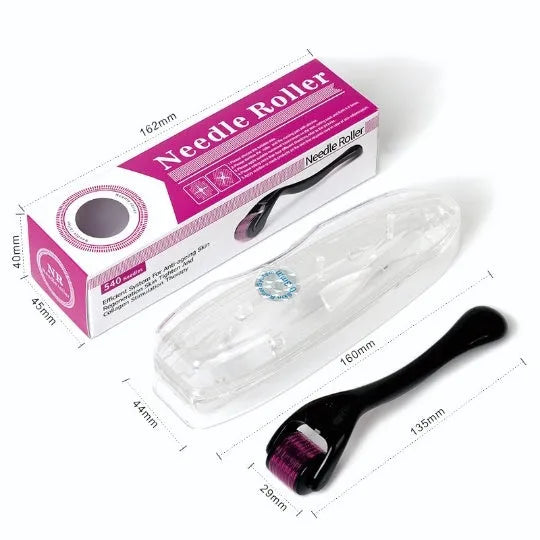Derma roller with titanium microneedles and black handle, showing adjustable needle sizes from 0.2mm to 1.0mm