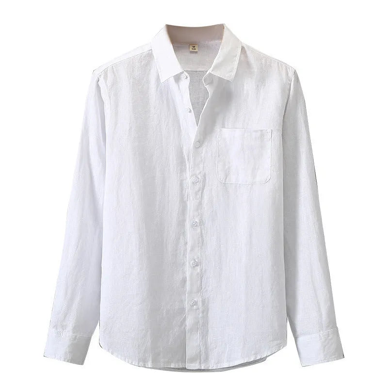 Loose long sleeve linen shirt in a cardigan style on a hanger, shown in light sapphire blue colour.
