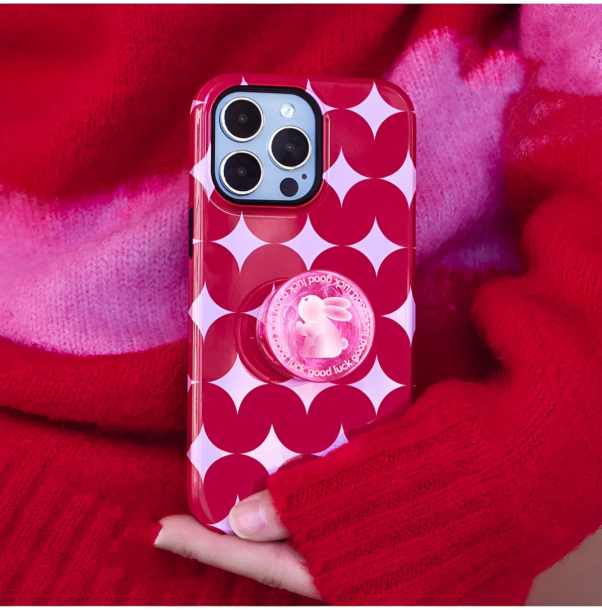 Rabbit New Year plaid iPhone case with all-inclusive glass cover and optional rabbit stand