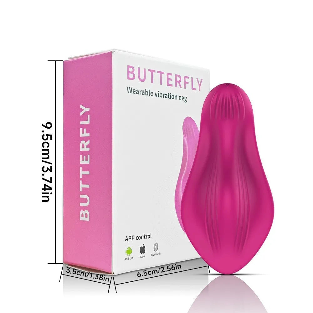Rose red wearable vibrator with butterfly shape for external stimulation, smartphone APP remote control