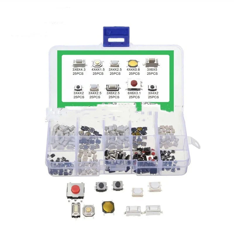 250 SMT tactile push button switches in protective boxed packaging for electronic projects