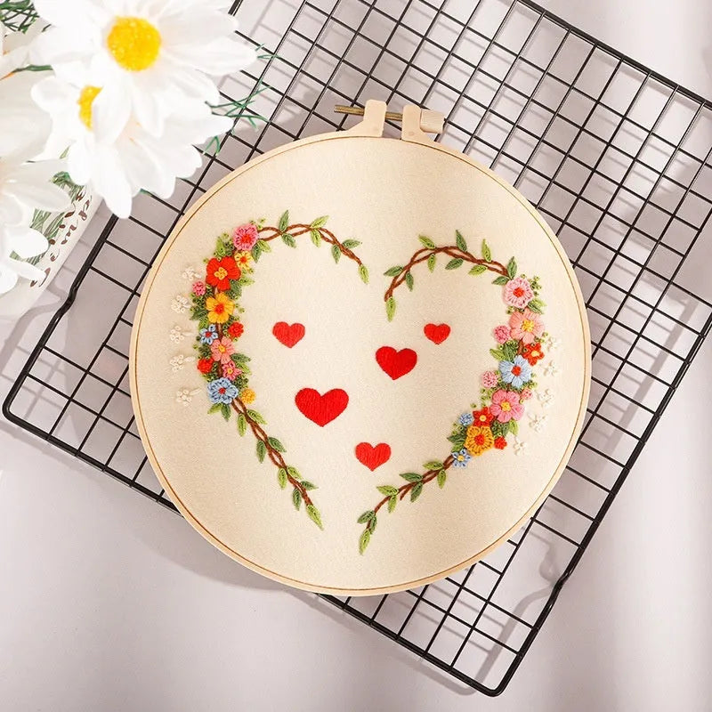 DIY heart embroidery kit with cotton cloth, Nordic style, and 20cm bamboo ring or taboret options