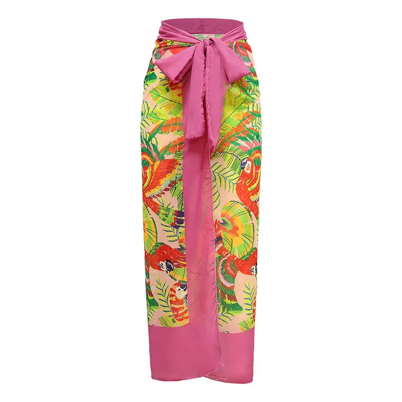 Retro pink floral print one-piece swimsuit with V-neck, thin skirt, and covered belly design.