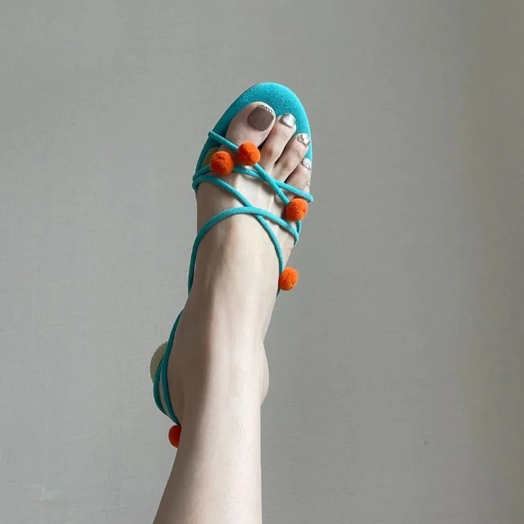 Cyan French leather women's high-heeled sandals with lace-up design and open toe