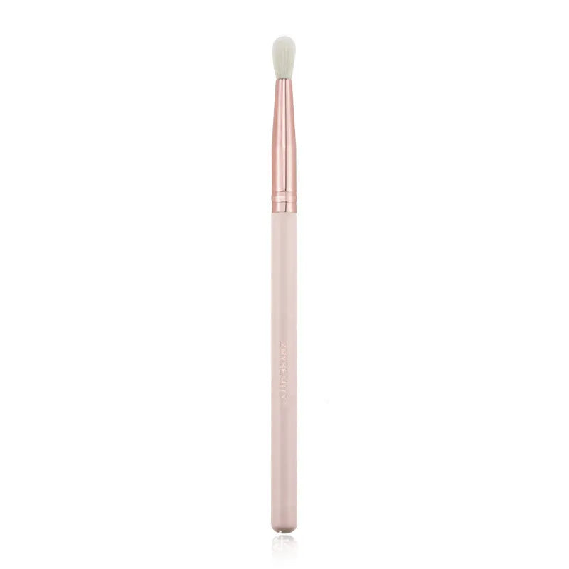 26 pink wooden handle makeup brushes with natural wool bristles in a PU storage bag.
