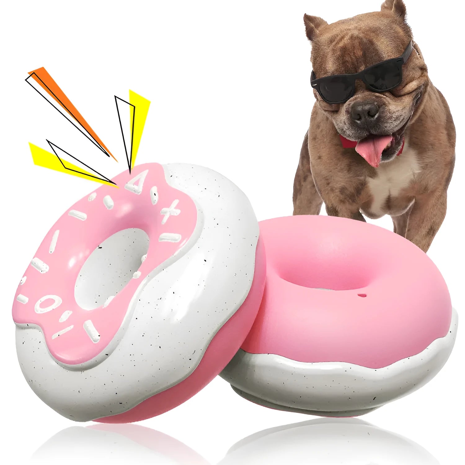 TPR donut dog chew toy in pink colour with sound mechanism for dental cleaning