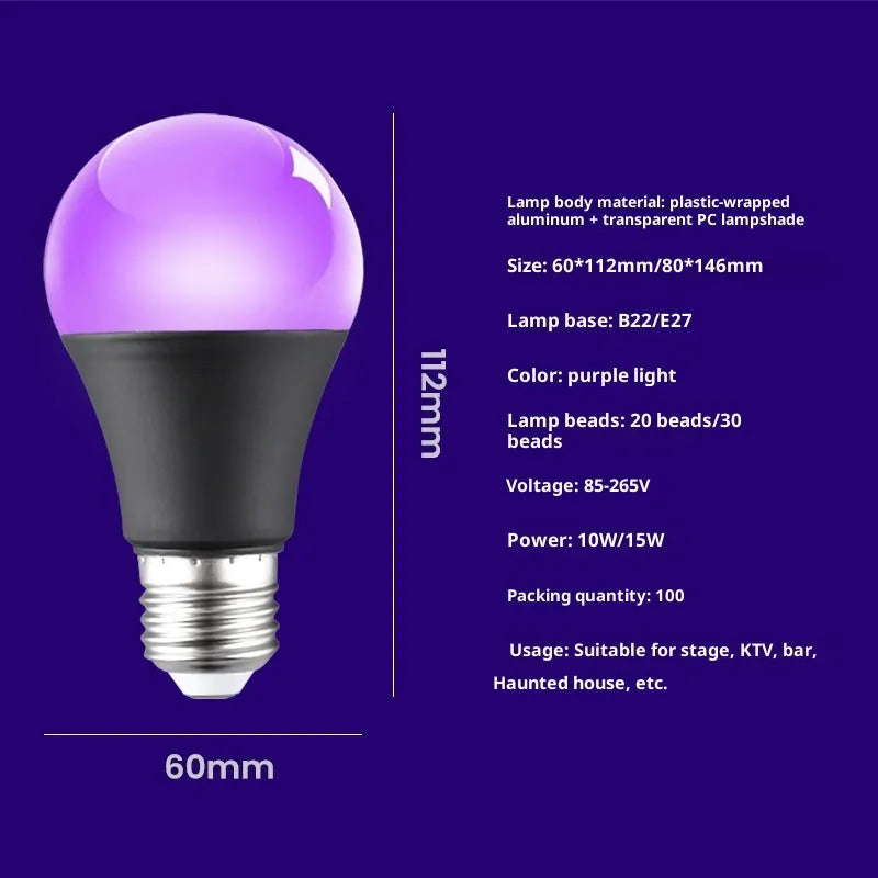 A19 purple LED light bulb 12W UV violet fluorescence with screw base on white background