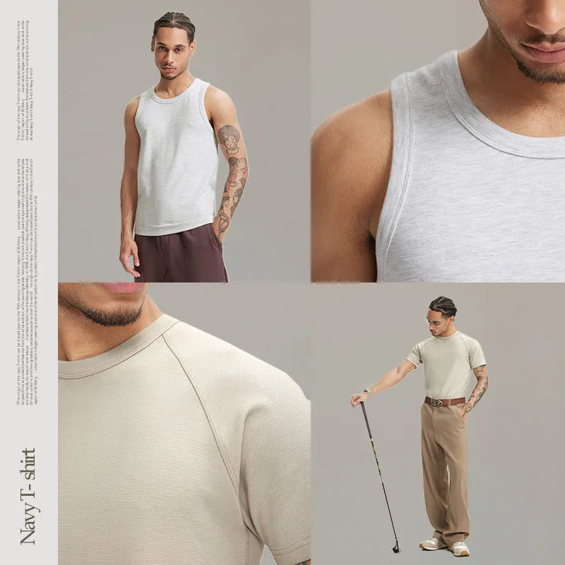 Slim fit navy stretch t-shirt vest for men and women with short sleeves.