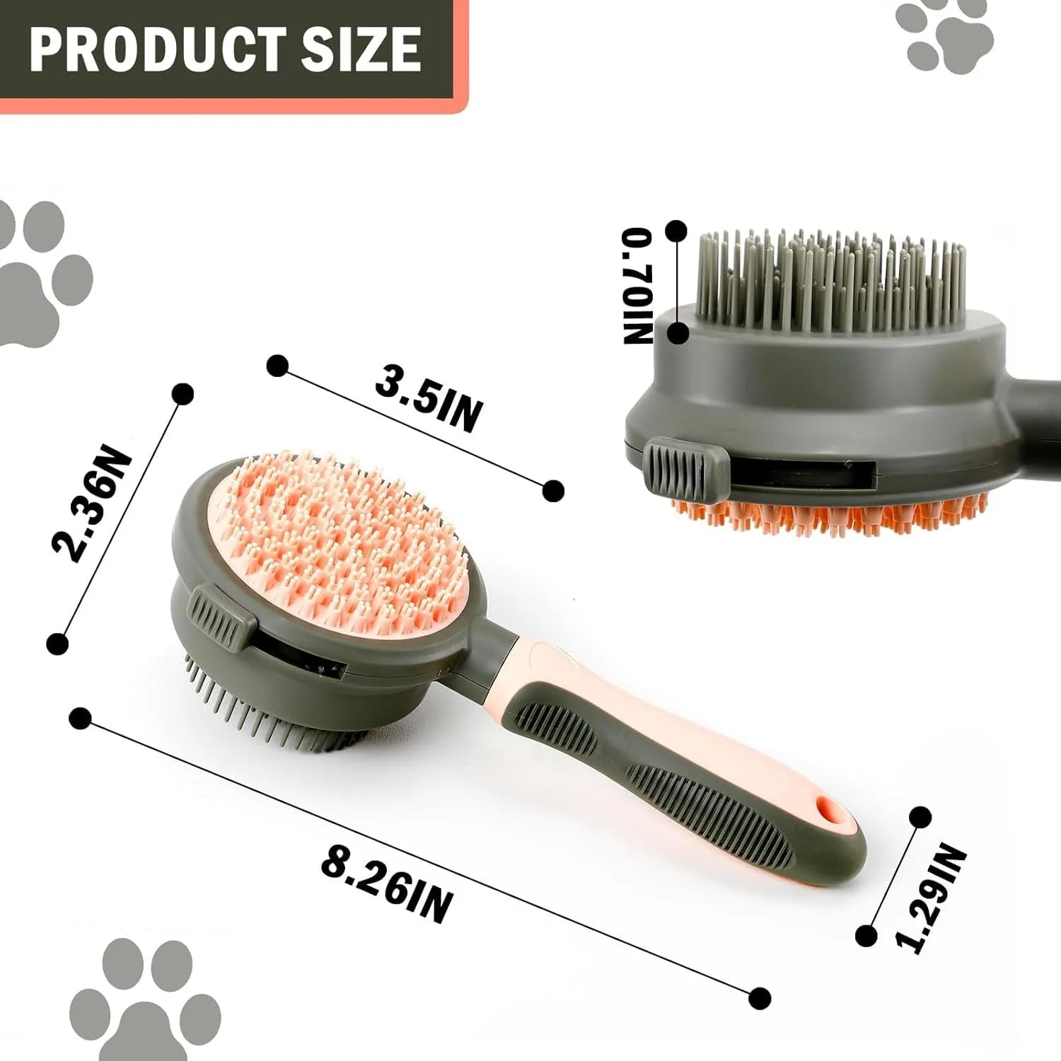 Green and pink double-sided cat grooming brush with plastic bristles, rubber massage pins, release button, and flea comb