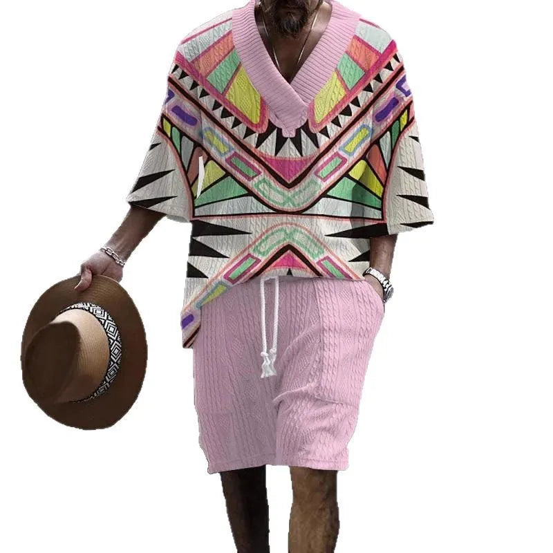 Loose casual short sleeve suit in polyester fabric with coordinating top and shorts