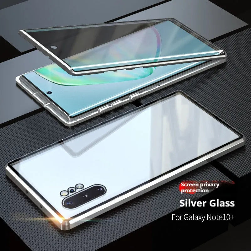 Samsung S24 Plus magnetic flip case with double-sided peep-proof glass and metal frame in black