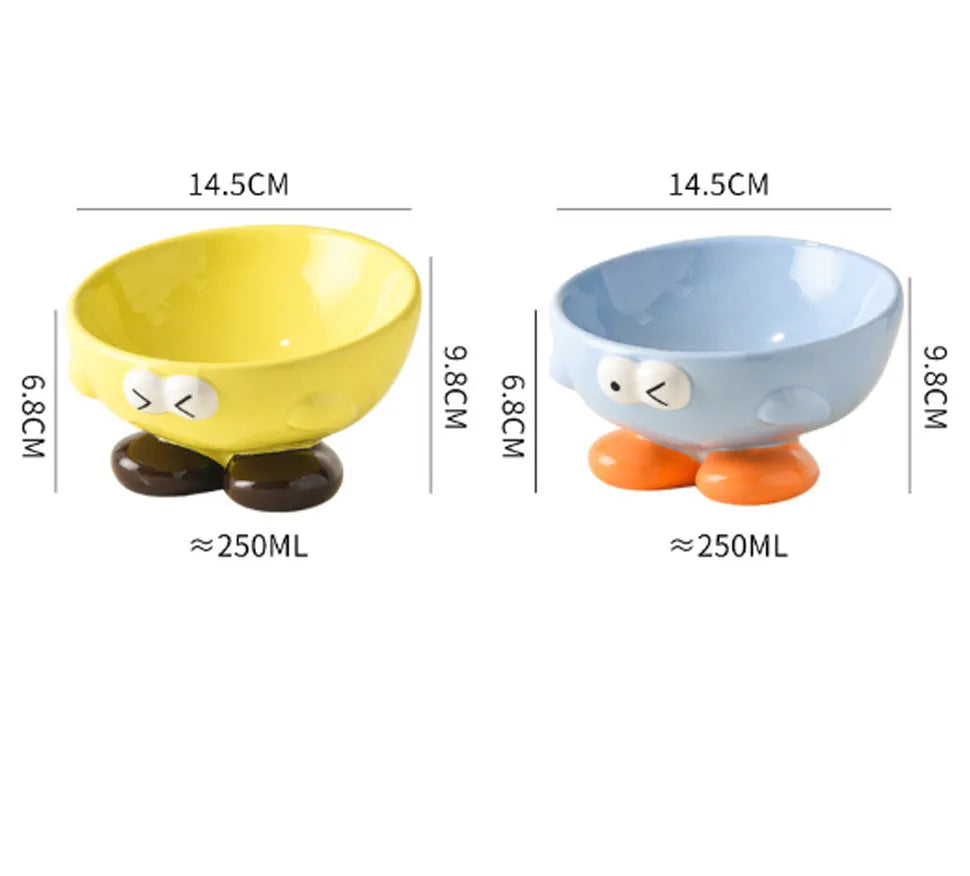 Ceramic pet bowl with oblique tall design in blue colour for cervical spine protection