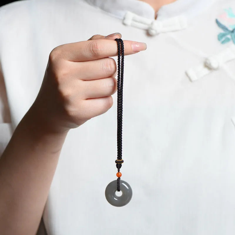 Hetian jade safety buckle pendant necklace, 24mm unisex design in gray jade or smoky violet