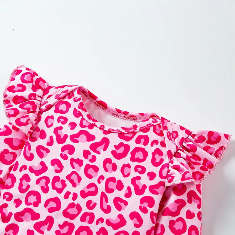 Baby girl wearing pink leopard print flounced sleeve mesh princess dress two-piece set, suitable spring autumn