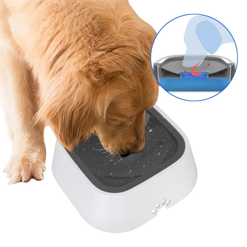 Spill-proof floating pet water bowl with slow feeder design, available in various colors and sizes