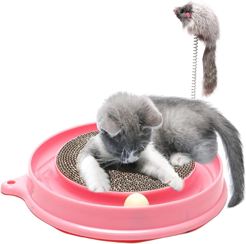 Blue circular cat scratcher toy with ball track and replaceable cardboard scratching pad
