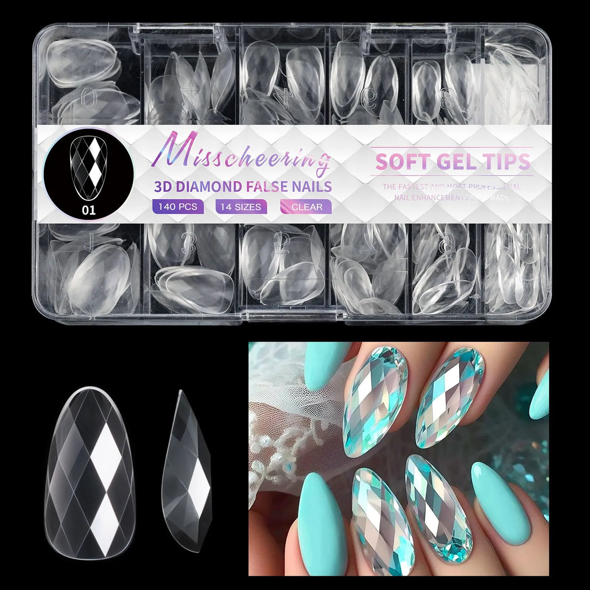 Set of 3D diamond texture long artificial nail tips in various colours from Diamond Nail collections.