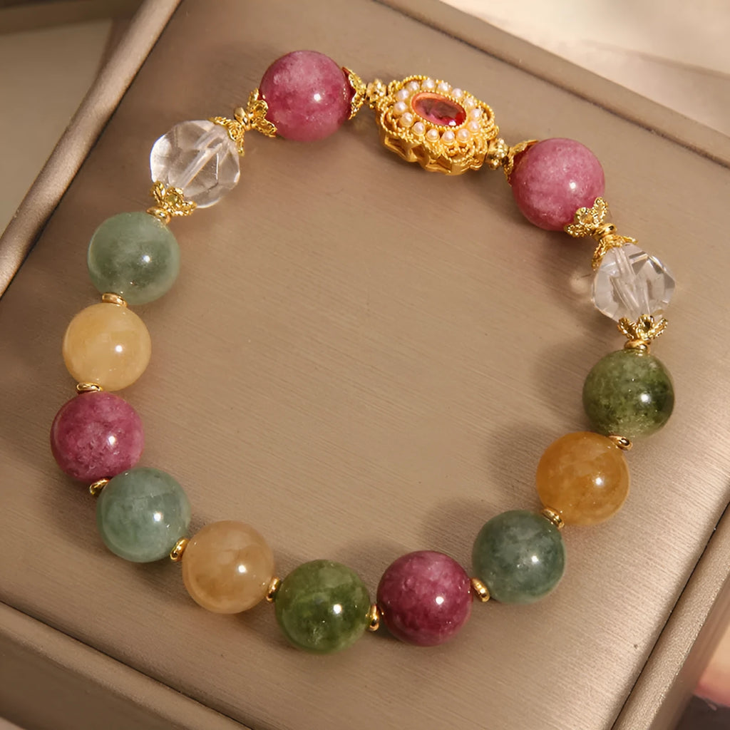 Jade colour tourmaline bracelet for women with round beads on crystal base and rhinestone accents