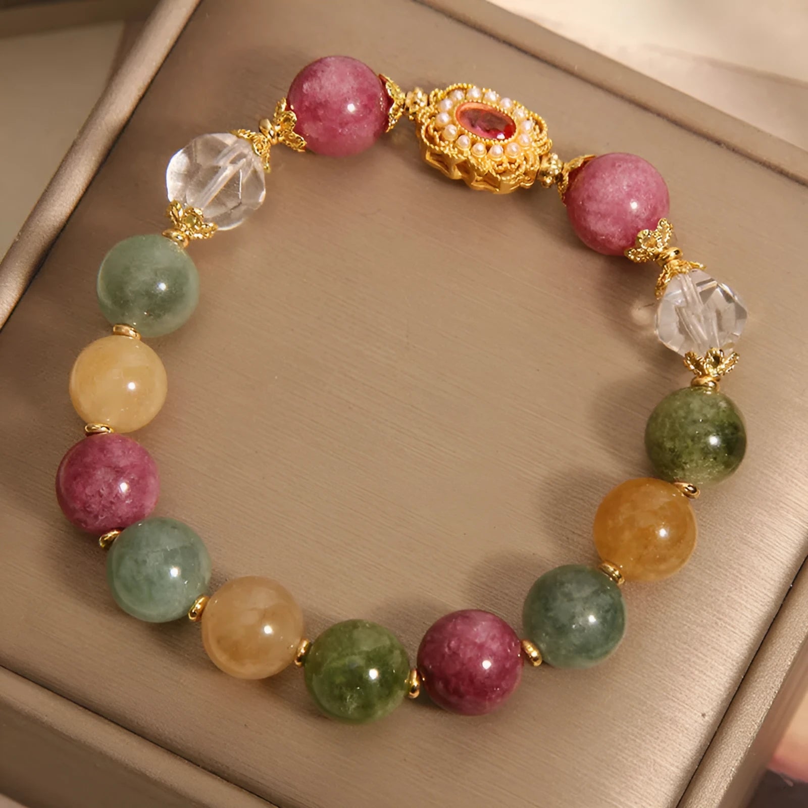 Jade colour tourmaline bracelet for women with round beads on crystal base and rhinestone accents